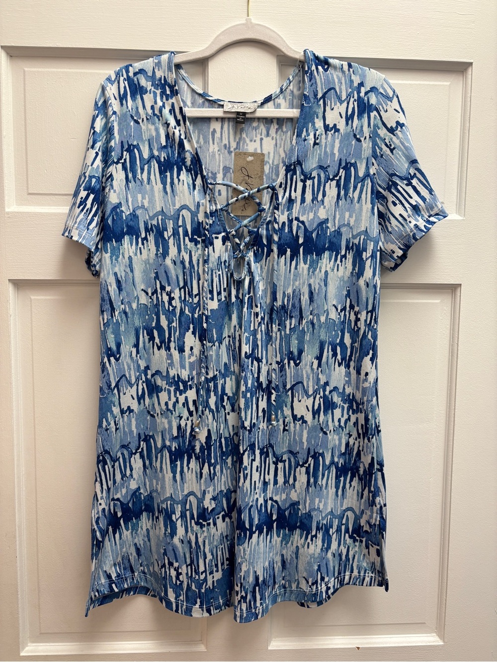 NEW J. Valdi Short Sleeve Tunic Dress Swim Coverup 17296 Blue White Multi Print